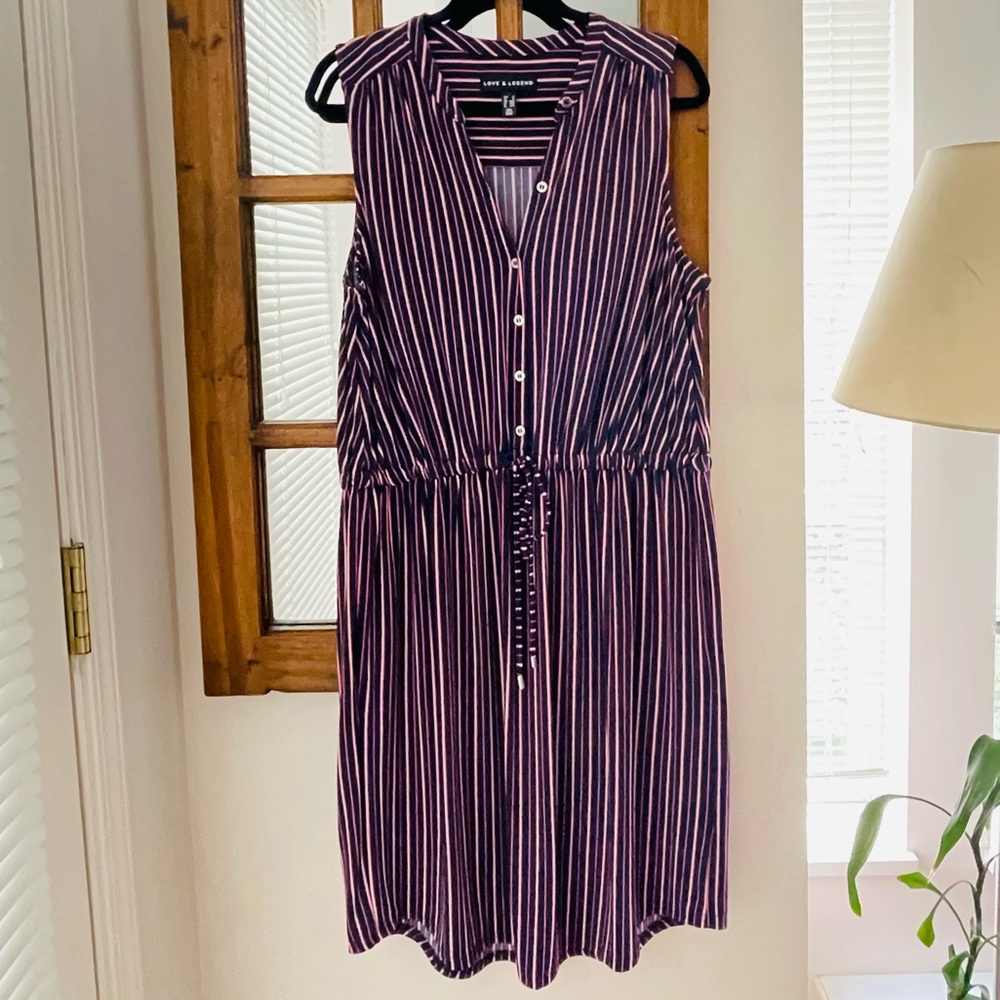 Love & Legend Navy Blue Pink Stripe Drawstring Waist Sleeveless Dress Size US 1X